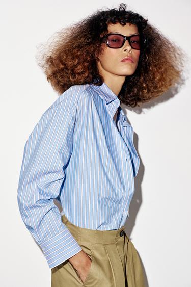 OVERSIZE SHIRT WITH BELT AND T-SHIRT - Blue/White by Zara