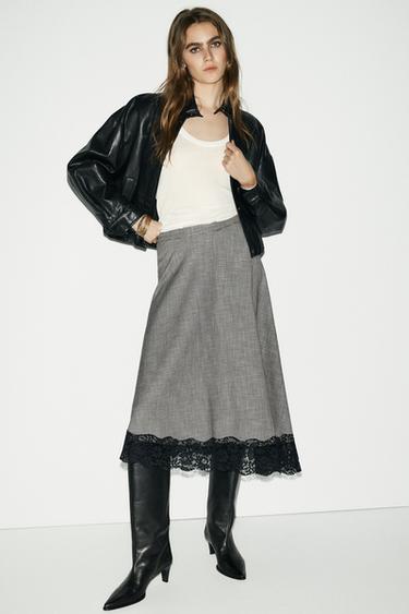 HOUNDSTOOTH ASYMMETRIC MIDI SKIRT - Black / Ecru by Zara