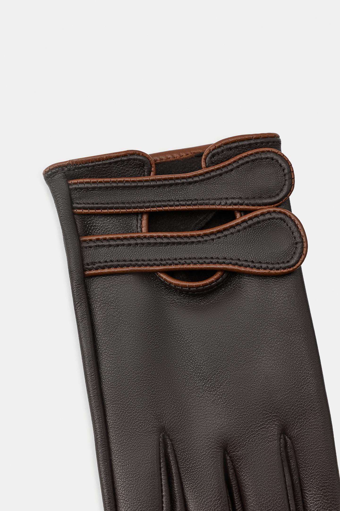 Женские перчатки Zara 100% Leather Double Strap Gloves, цвет: Коричневый — фото 2