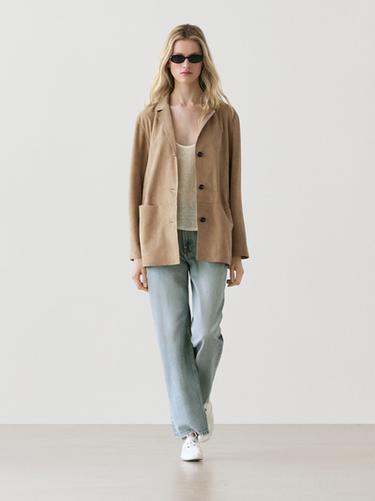 Zara Suede leather blazer with pocket details - Sand - Image 0