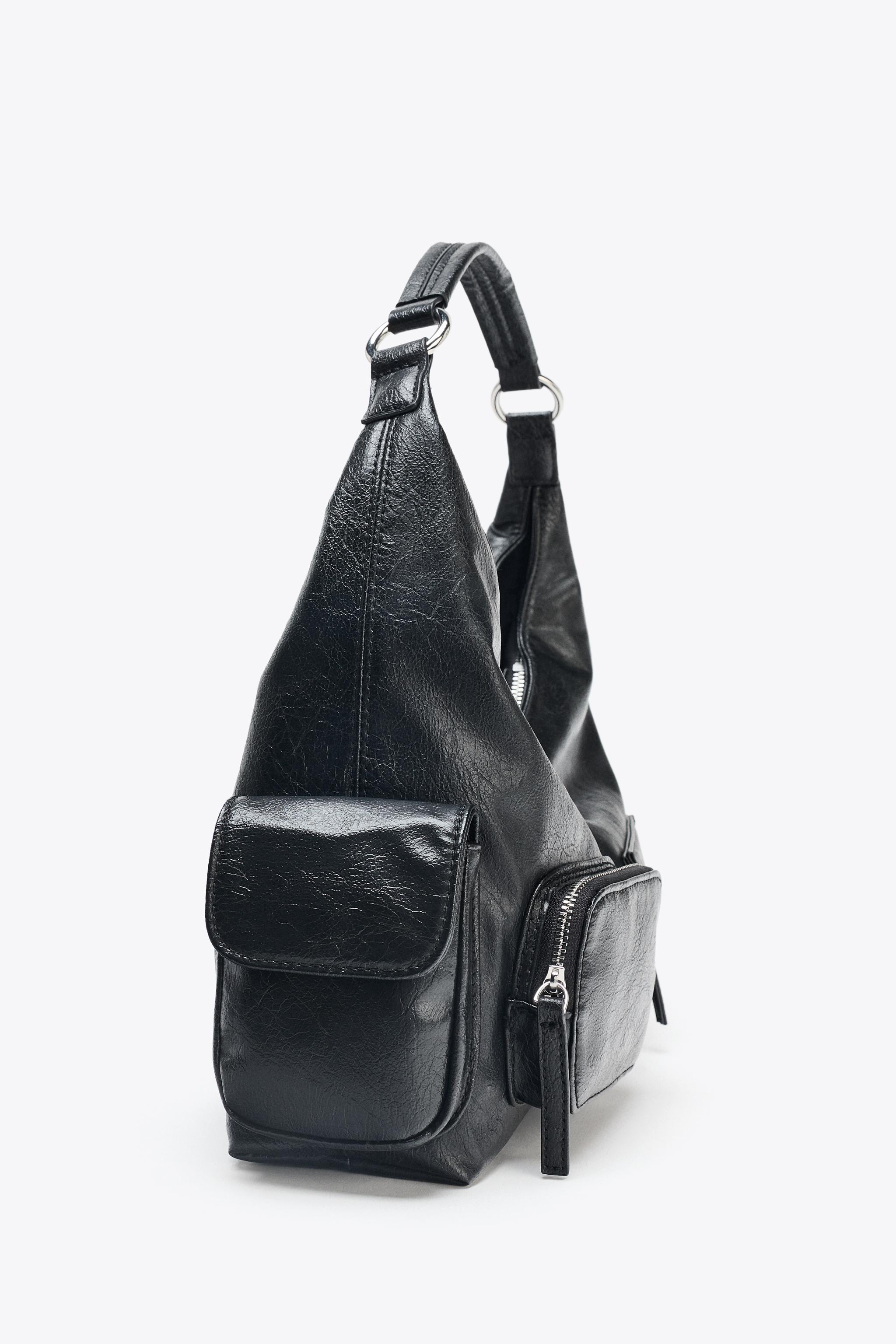 黒いジッパーポケット付きバッグ クラックテクスチャー加工ポケットバッグ - ブラック | ZARA