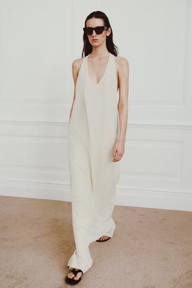 Zara 長版棉質洋裝 - 裸色