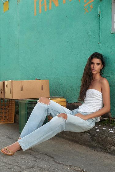 TRF LOW-RISE RIPPED STRAIGHT-LEG JEANS - Light blue by Zara