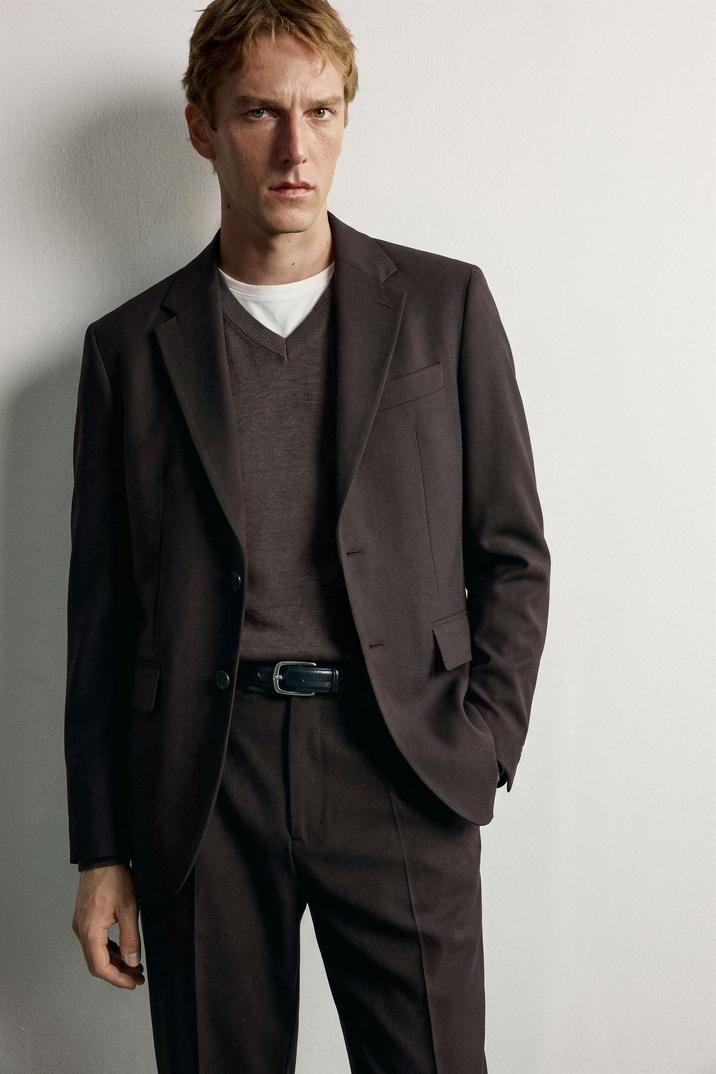 Мужской пиджак Zara Wool-Blend Suit Blazer, цвет: Коричневый — фото 5