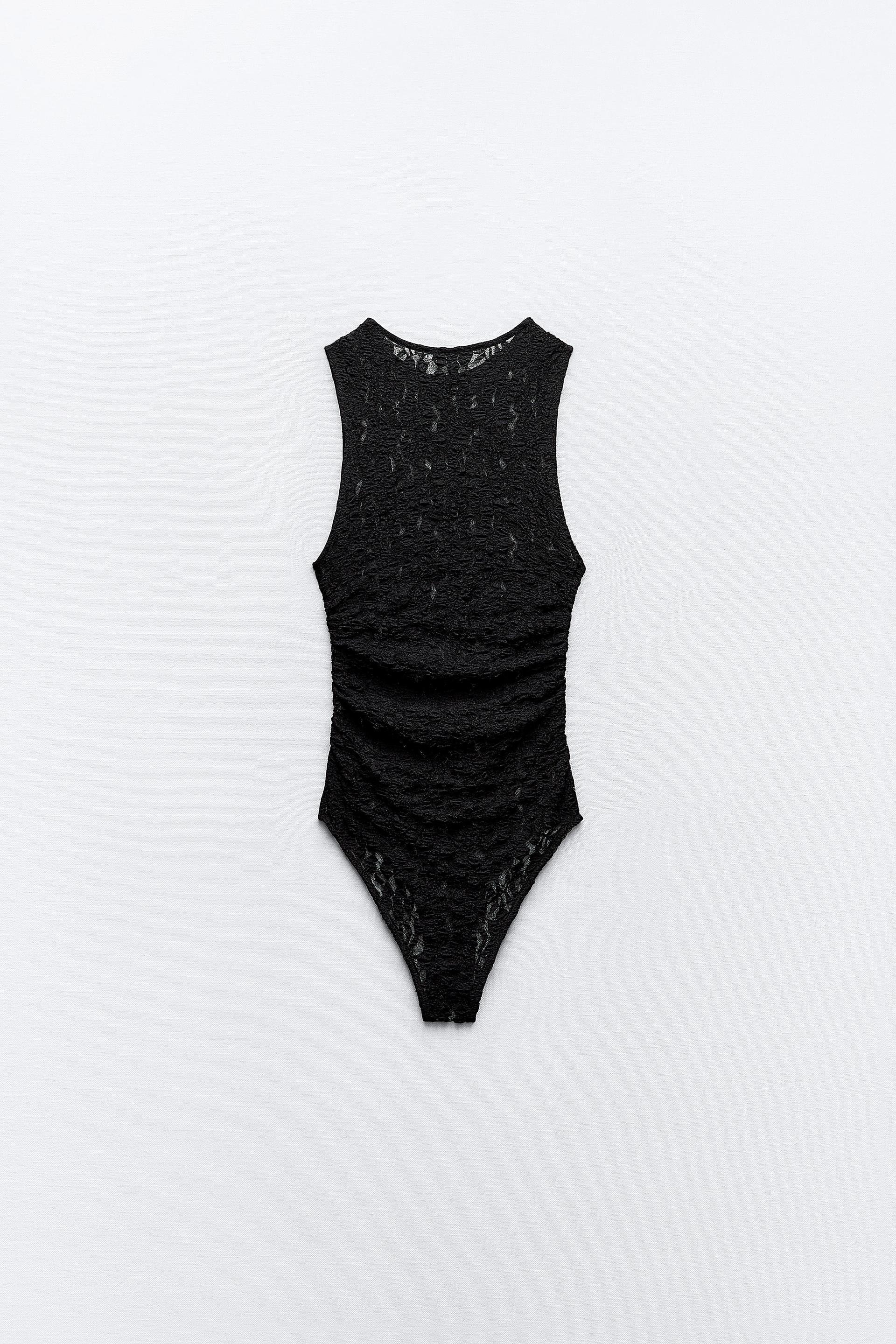 Zara Women's Black Lace Ribbed Bodysuit Size XS- Small
