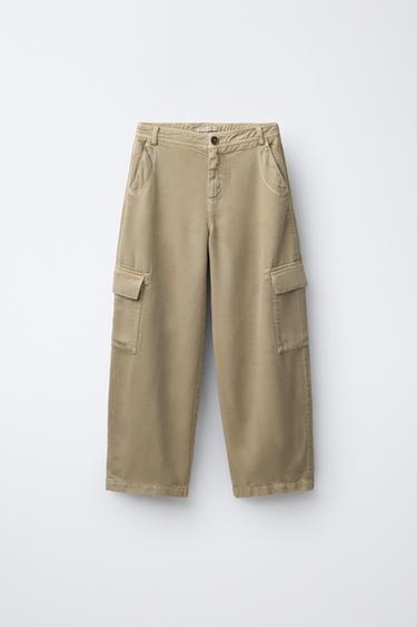 Zara BARREL CARGO FLOWY PANTS - Beige