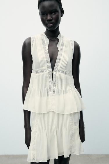 Zara PLEATED LACE TOP - Oyster-white - Image 0