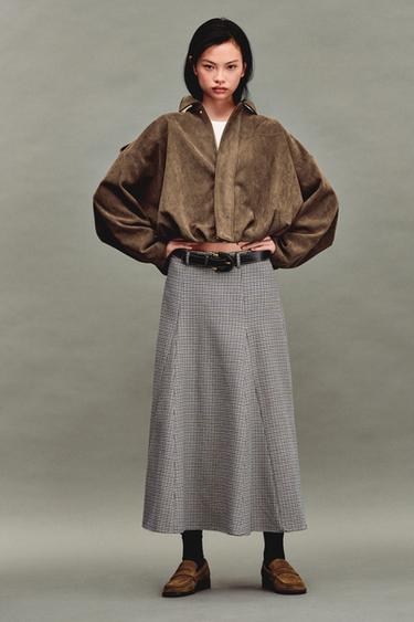 CHECKED MIDI SKIRT WITH BELT - Ecru / Blue by Zara