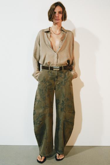 ДЖИНСИ ZW COLLECTION BARREL З НИЗЬКОЮ ПОСАДКОЮ І КВІТКОВИМ ПРИНТОМ - Світло-бежевий Zara