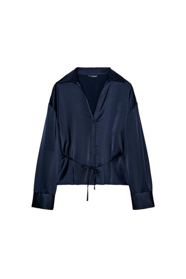 BLOUSE SATINÉE AVEC CEINTURE FINE - Bleu marine de Zara