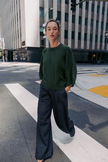 سترة محاكة بأكمام عريضة - أخضر داكن الخاص بـ Zara
