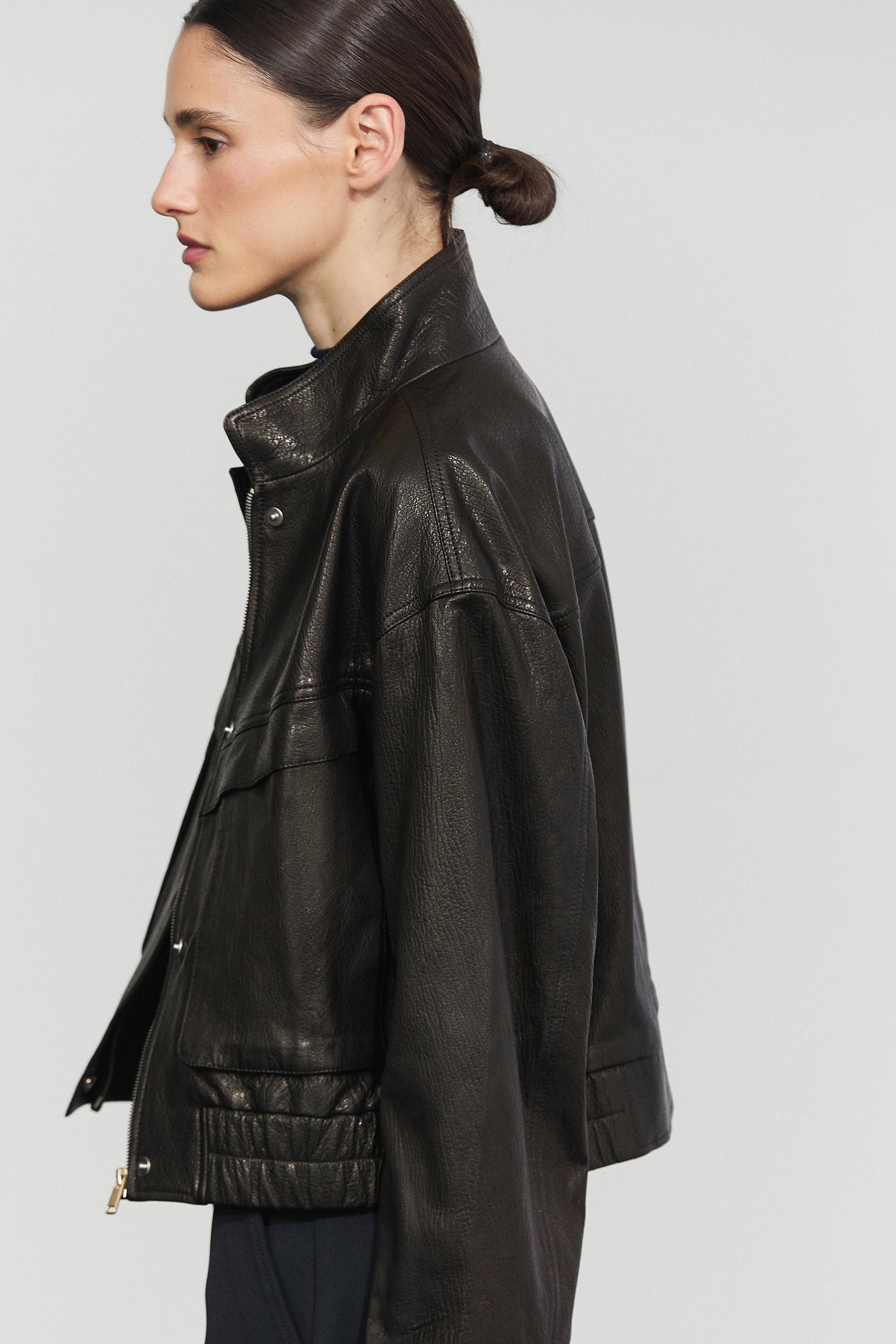 Cropped stand-collar nappa leather jacket