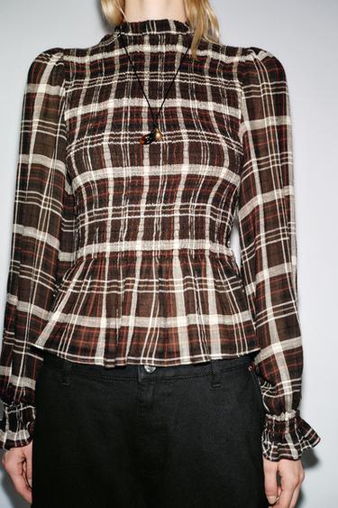 CHECK SMOCKED SHIRT - Brown / Ecru by Zara - Image 2
