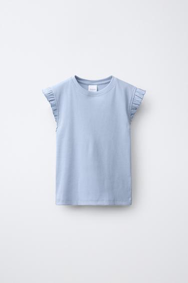 Zara RIBBED RUFFLE TOP - Sky blue