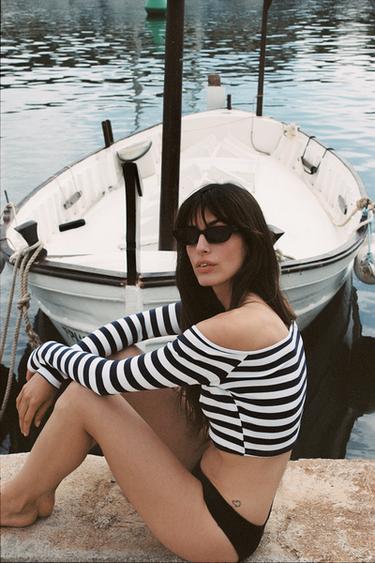 STRIPED BARE SHOULDER TOP - White / Navy by Zara - Image 2