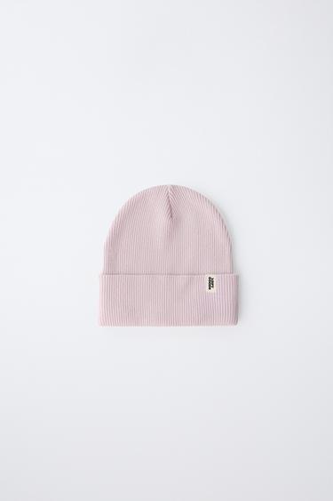 RIBBED KNIT BEANIE WITH LABEL - Pastel pink by Zara