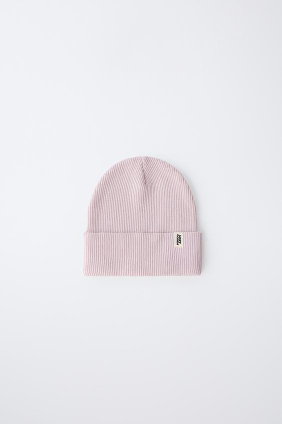 RIBBED KNIT BEANIE WITH LABEL - Pastel pink by Zara - Image 0