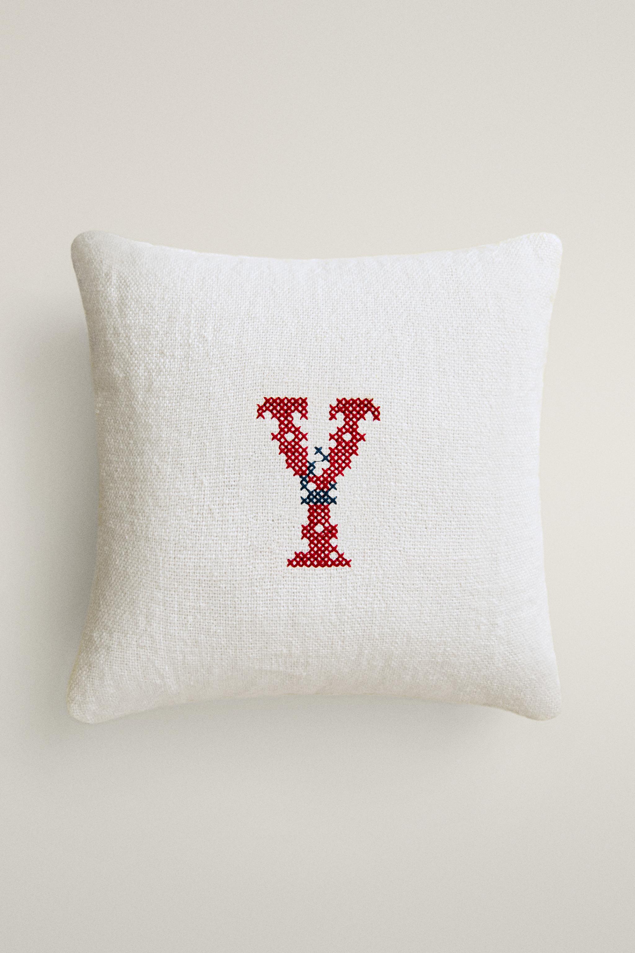 LETTER Y EMBROIDERED LINEN CUSHION