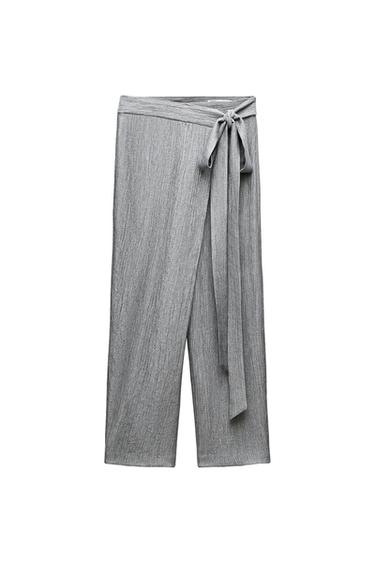 Textured grey wide-leg trousers. Wrap-front design with a matching fabric tie-belt at the waist.