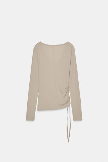 V-NECK T-SHIRT WITH TIES - Brown / Taupe by Zara - Image 6