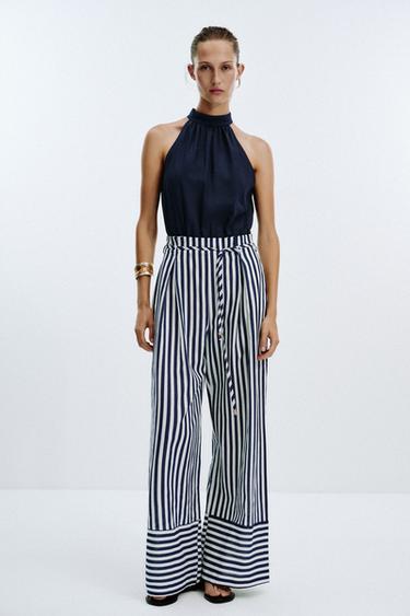 LINEN BLEND LONG JUMPSUIT - Zara-ს Blue/White