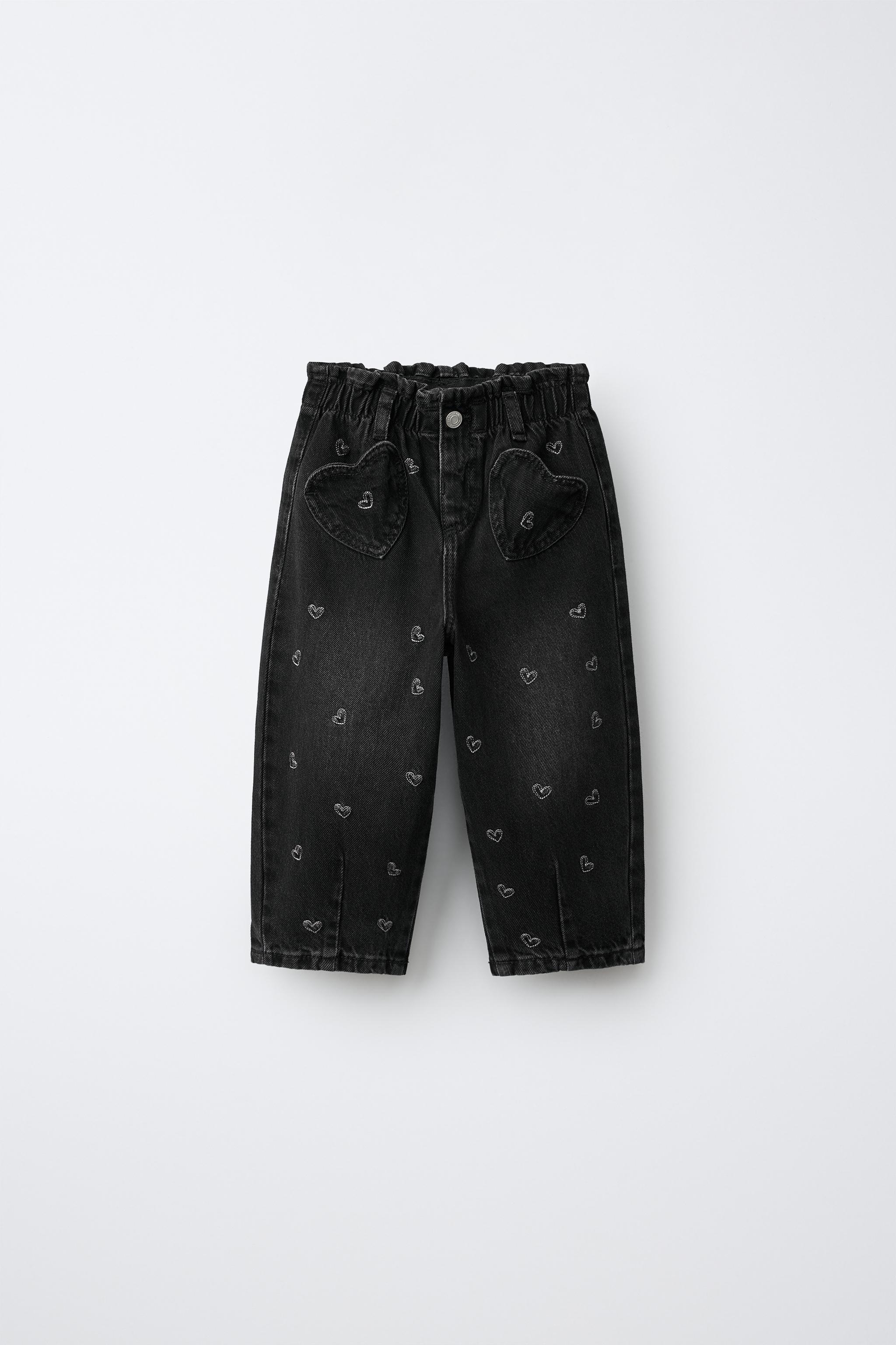 EMBROIDERED HEART BAGGY PAPERBAG JEANS - Black | ZARA United States