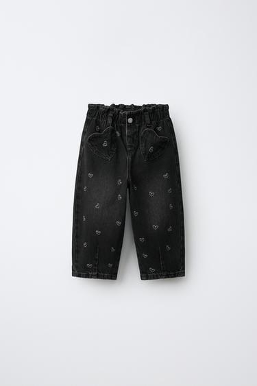 BAGGY-PAPERBAG-JEANS MIT HERZSTICKEREI - Schwarz von Zara