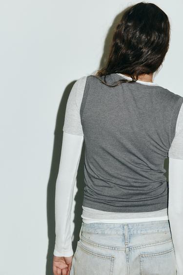 T-SHIRT EFFET TRIPLE - Gris chiné de Zara - Image 3