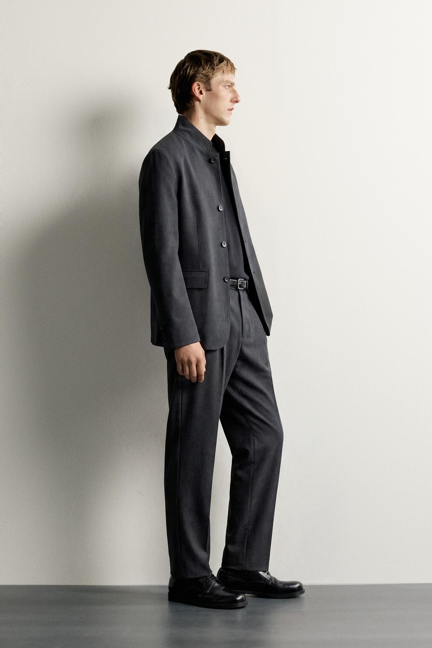 Мужской пиджак Zara Regular-Fit Suit Blazer with Band Collar, цвет: Голубоватый — фото 4
