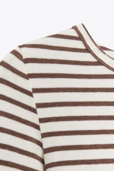 STRIPED LONG SLEEVE T-SHIRT - Ecru / Brown by Zara - Image 5