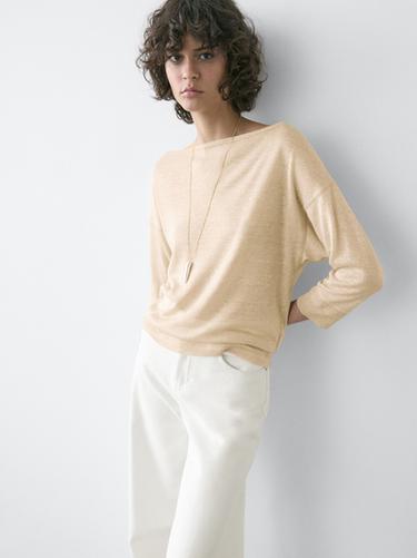 Zara Lightweight wool and linen blend T-shirt - Beige marl