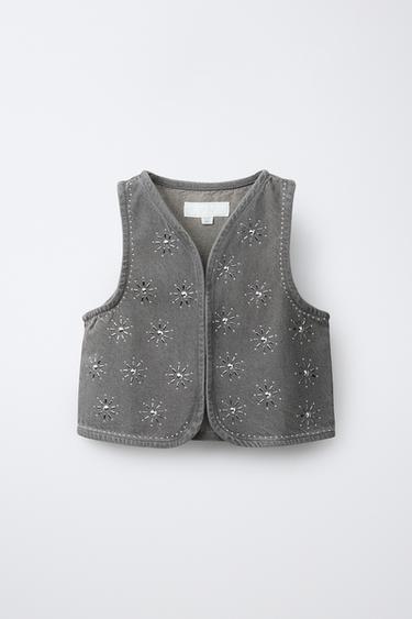 Zara RHINESTONE DENIM VEST - Anthracite grey