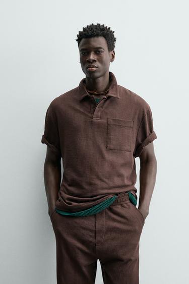 RELAXED FIT STRIPED TEXTURED POLO SHIRT - Burgundy by Zara
