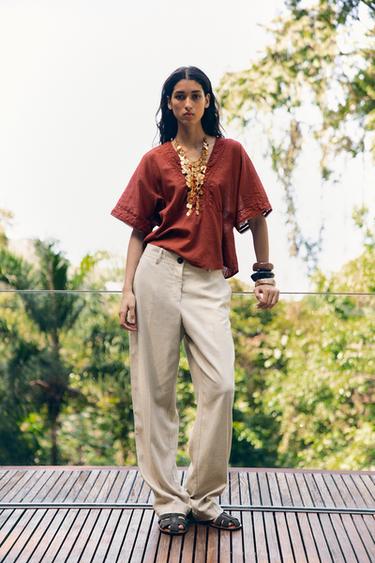 LINEN BLEND STRAIGHT TROUSERS - Light beige by Zara