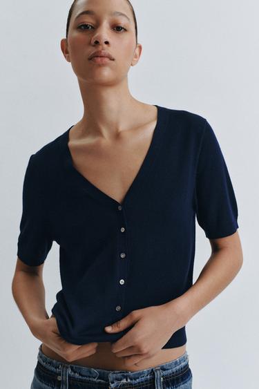 КАРДИГАН ИЗ 100% ЭКСТРАТОНКОЙ ШЕРСТИ С КОРОТКИМ РУКАВОМ — МОРСКОЙ СИНИЙ от Zara