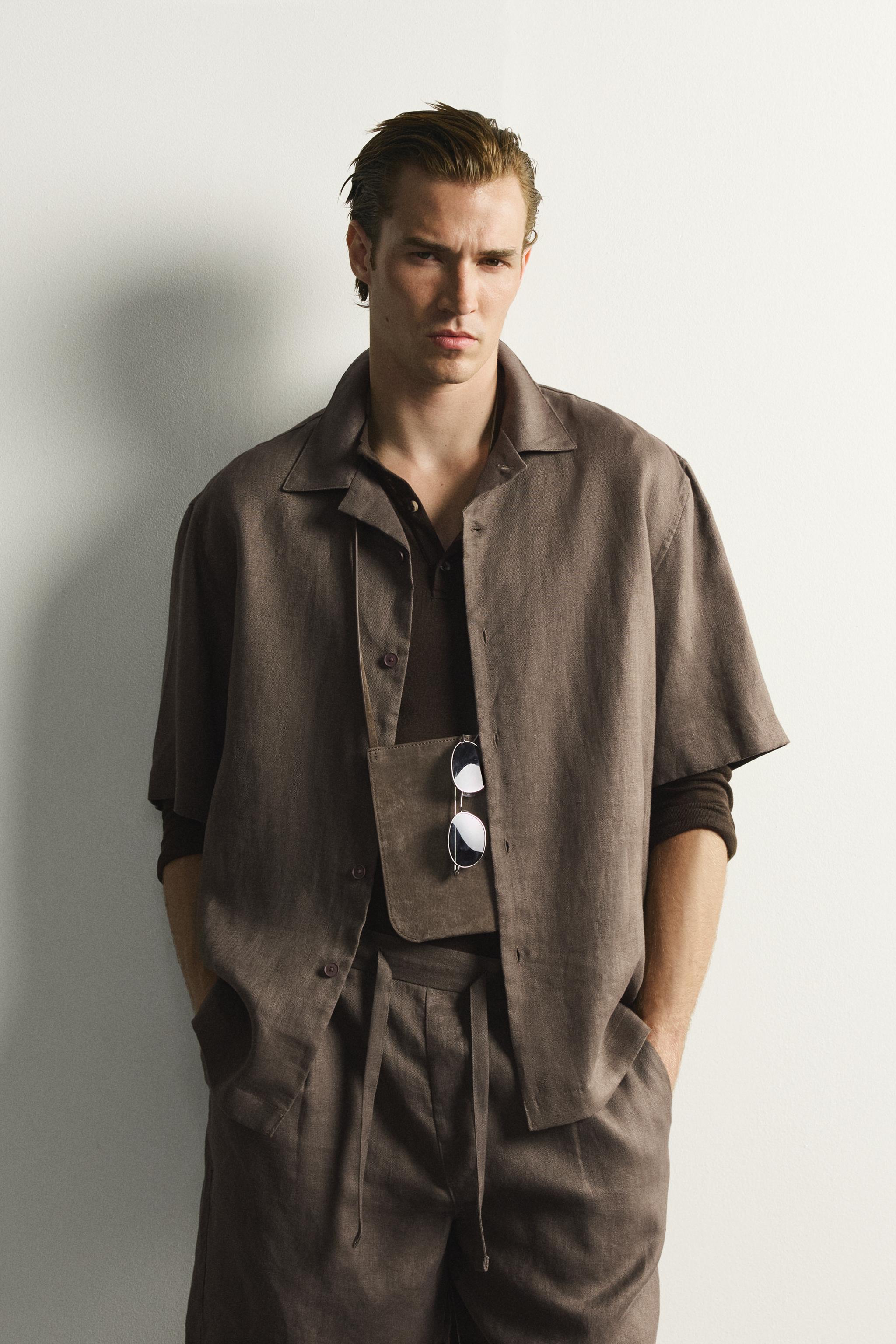 100% LINEN RELAXED FIT SHIRT — Brown / Taupe