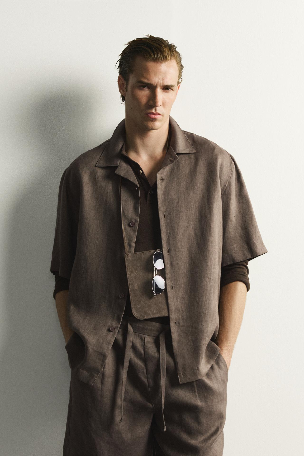 100% LINEN RELAXED FIT SHIRT — Brown / Taupe