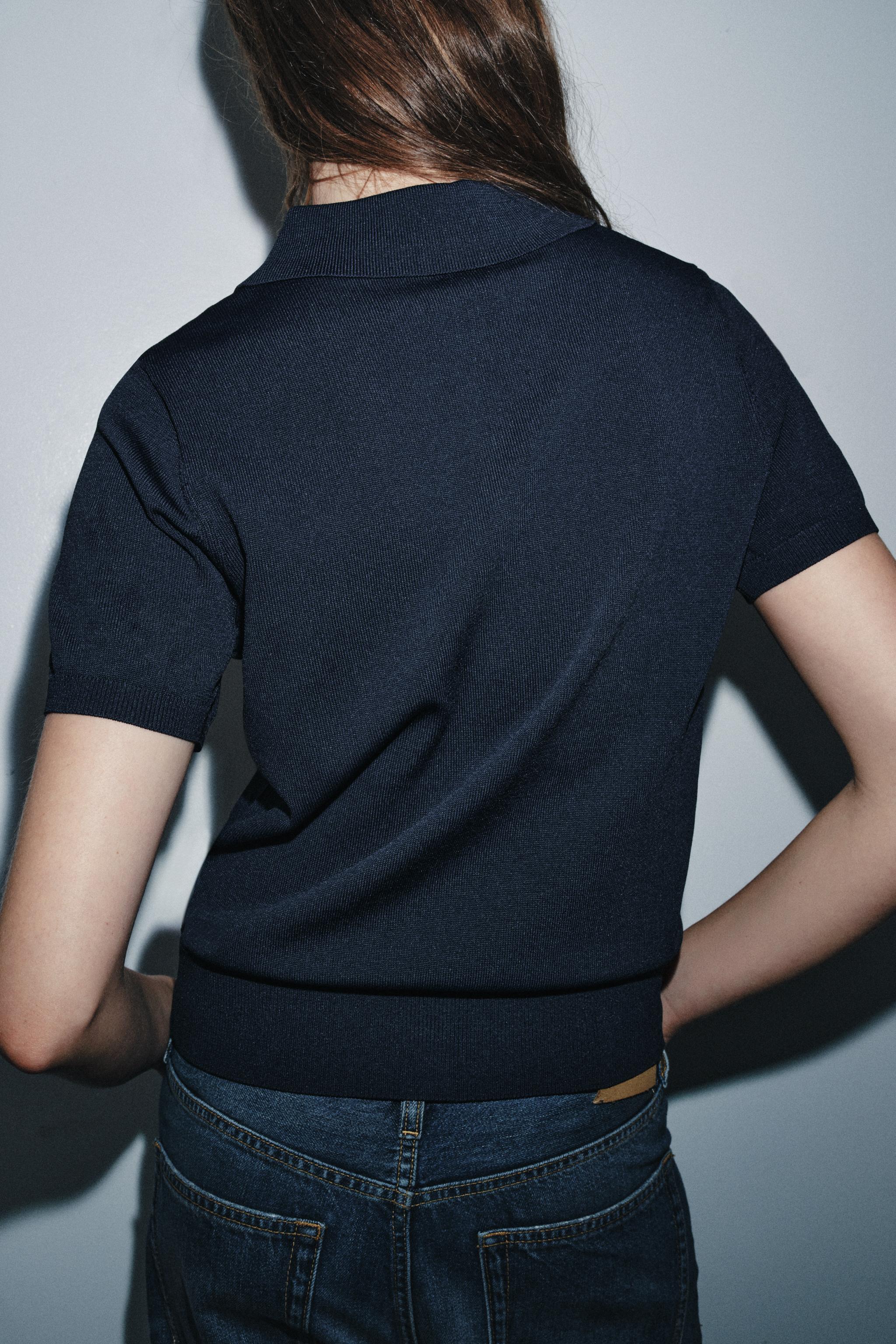 ZARA 半袖ポロシャツ パンツセット コットン&シルクニット ポロシャツ - ネイビーブルー | ZARA