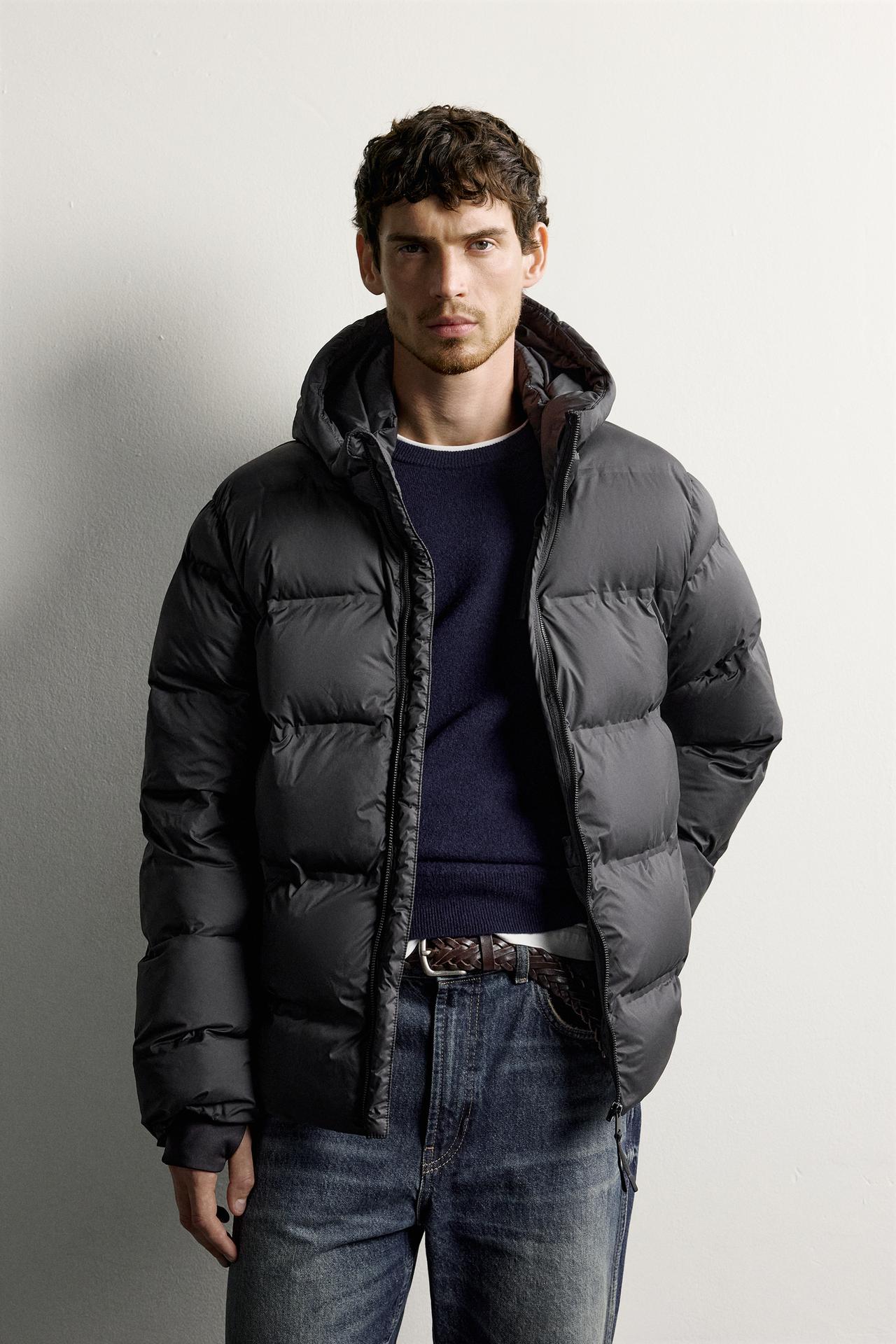 REGULAR FIT PADDED HOODIE JACKET — Black