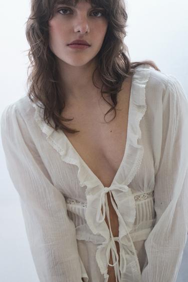 CHEMISE GAZE BRODERIES ET VOLANTS - Blanc cassé de Zara - Image 3