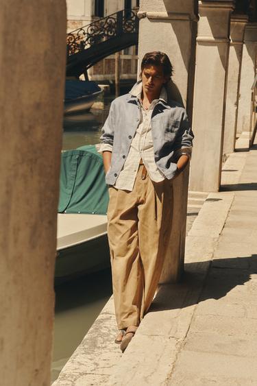 Zara 100% LINEN POCKET OVERSHIRT - Faded blue