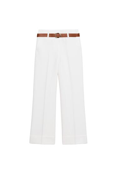 TROUSERS WITH TURN-UP CUFFS AND BELT - White by Zara