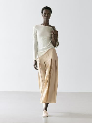 Zara Cotton box pleat midi skirt - Sand