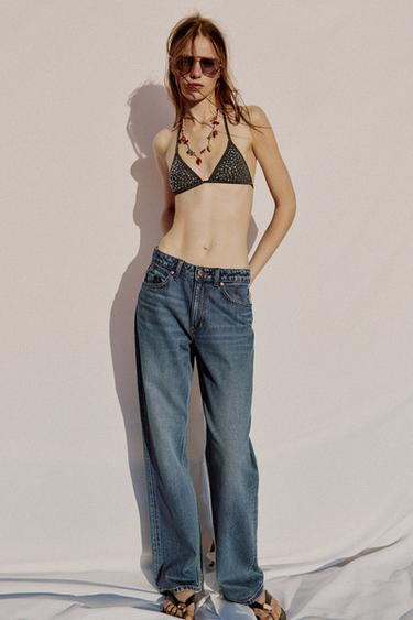 Zara Z1975 高腰直筒加長版牛仔褲 - 中藍色