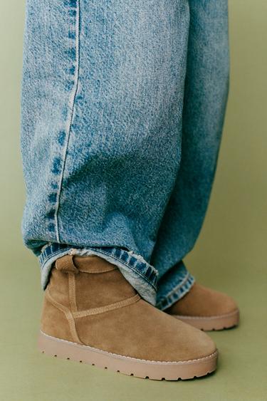 LEATHER ANKLE BOOTS WITH FAUX SHEARLING - Brown by Zara