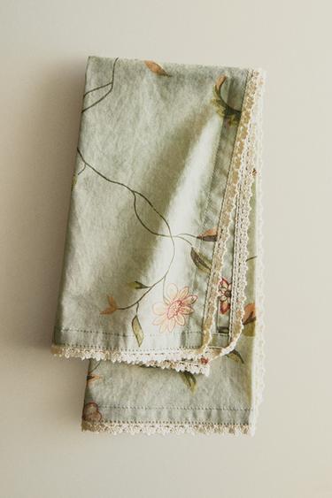 SERVETTEN MET BLOEMENPRINT EN KANTEN AFWERKING (2-PACK) - Groen van Zara