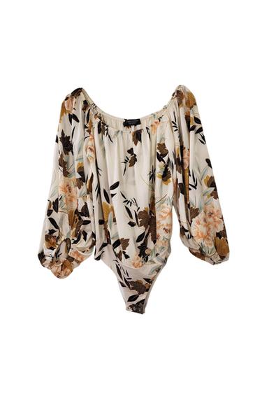 PRINTED SILKY FLORAL OFF SHOULDER BODYSUIT