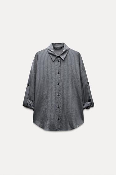Zara STRIPED ROLL-TAB SLEEVE SHIRT - Gray - Image 0