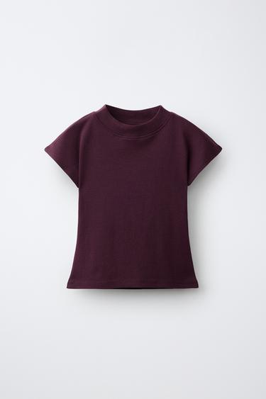 Zara PLAIN RIB T-SHIRT - Burgundy