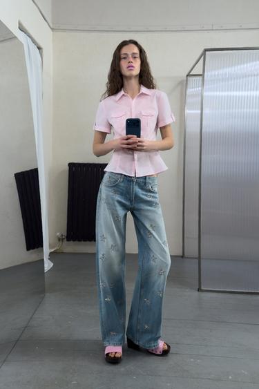 JEAN TRF WIDE LEG STRASS TAILLE BASSE - Bleu de Zara - Image 3